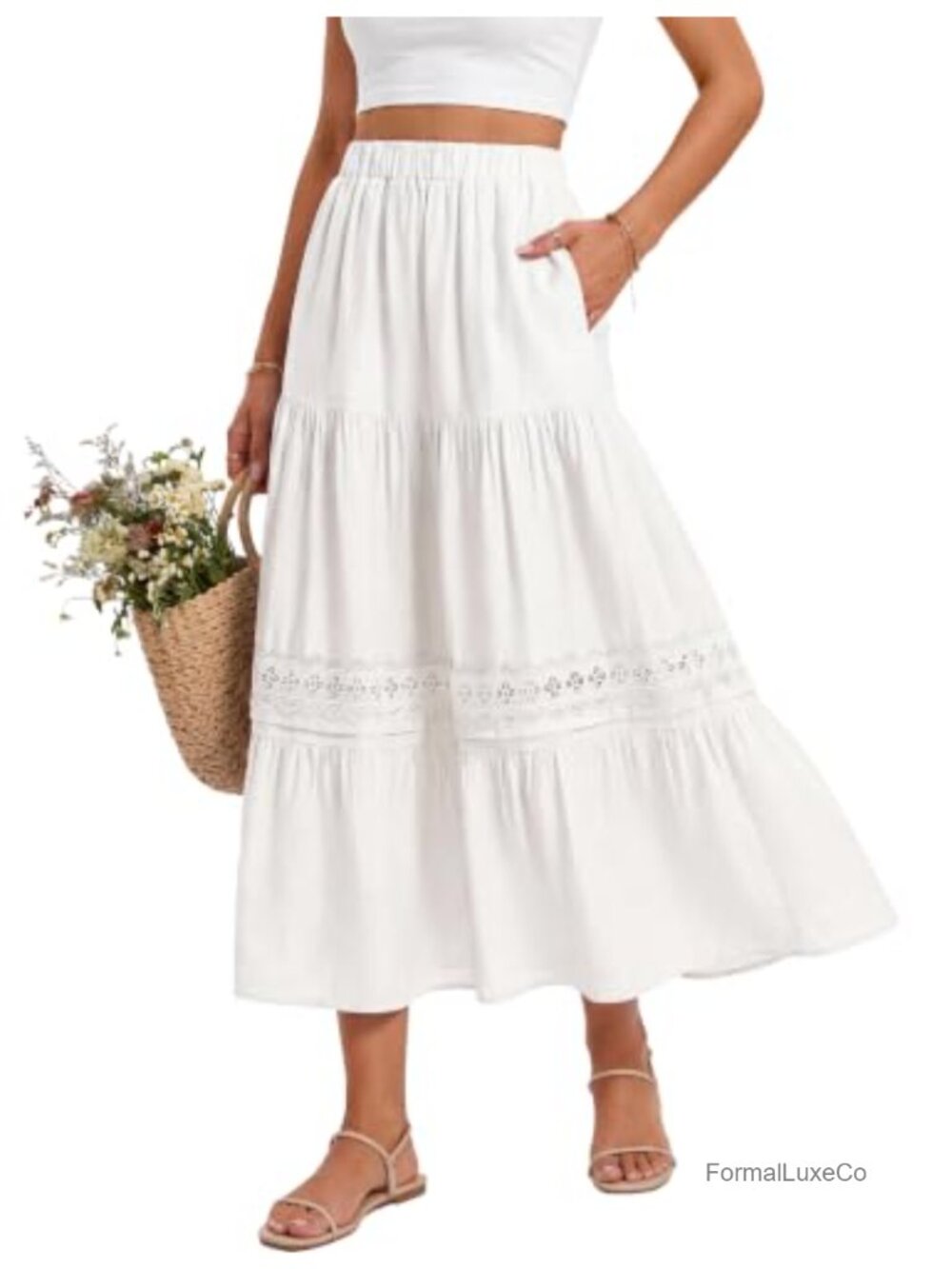 Womens Maxi Skirt High Waist Flowy Long Skirt with Pockets Lace Trim